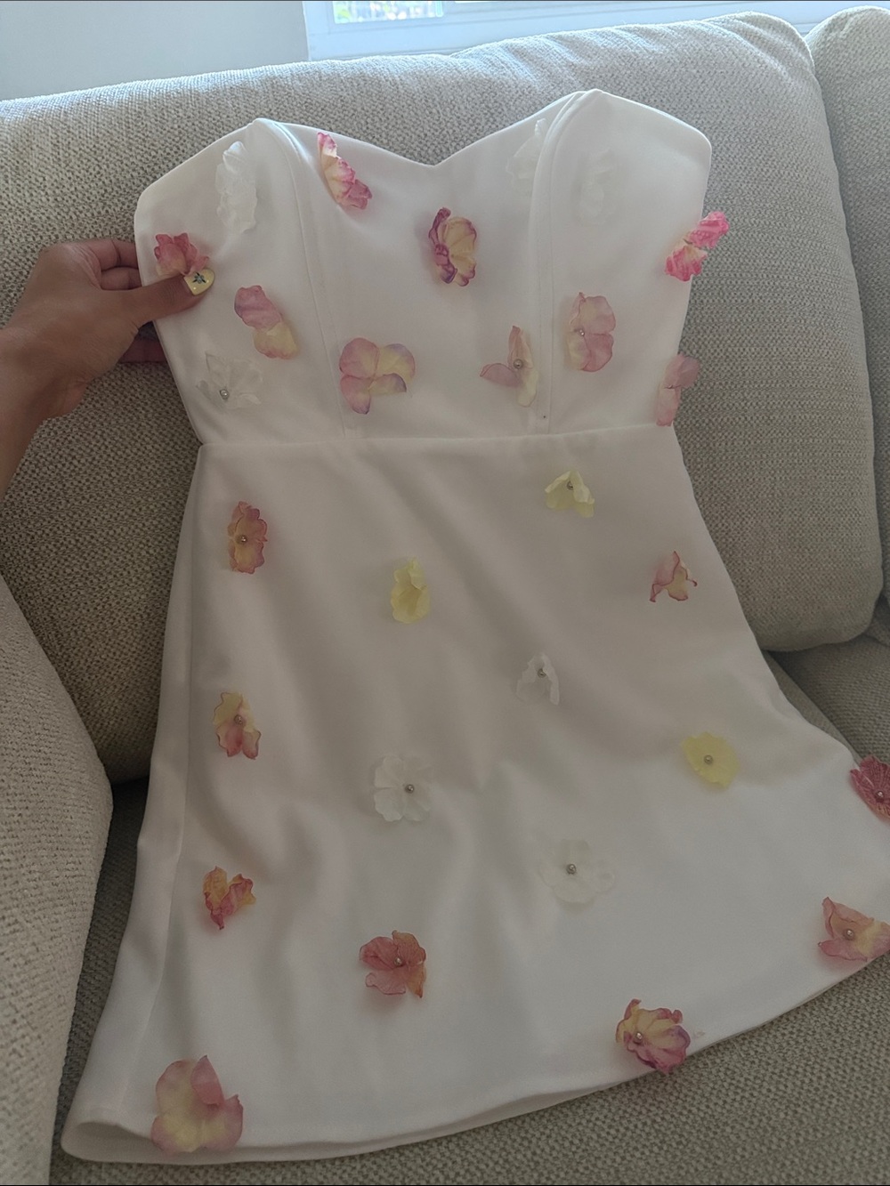 Billy J Capella Strapless White Dress with Pink & Yellow Floral Appliqués